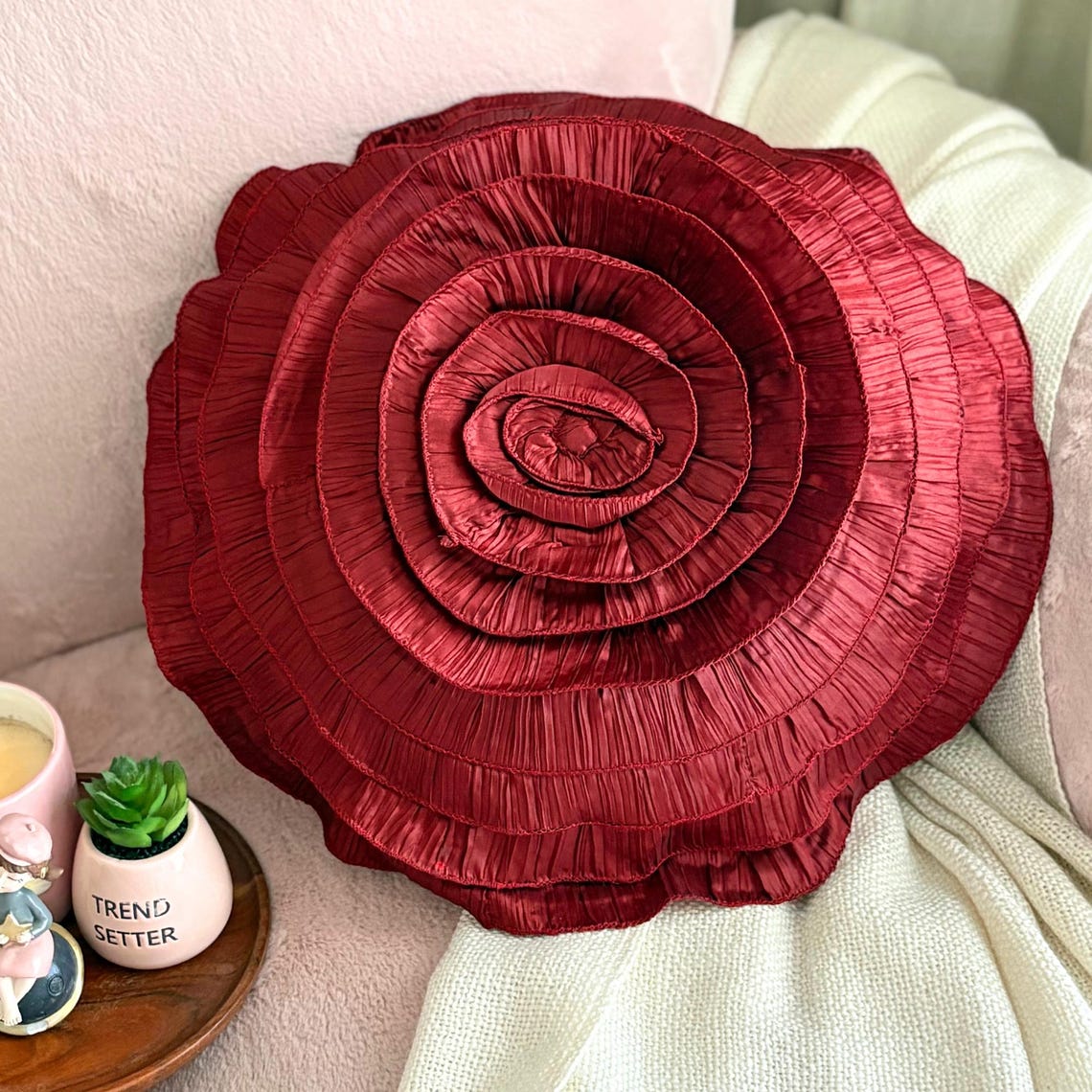 Rust Rose - Crushed Art Silk Rust Decorative Round Cushion Cover