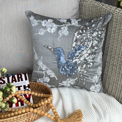 Silver Birdy - Gray Art Silk Throw Pillow Cover
