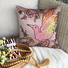 Colorful Birdy - Pink Art Silk Throw Pillow Cover