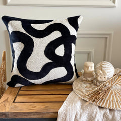 Black Cut Velvet Throw Cushion Cover - Mono Scrolls