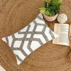 White Cotton Lumbar Cushion Cover - Interlace Trellis