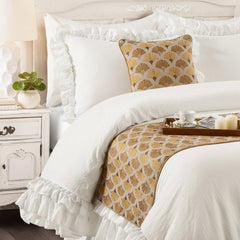 Autumn Bloom - Cotton Embroidery Beige & Yellow Gold Decorative Bed Runner and Cushion Cover