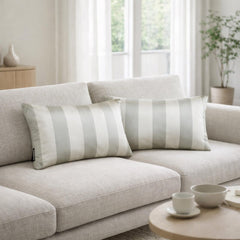 Sage Gray & Ivory Satin Lumbar Cushion Cover Pack of 2 - Sage Gray Stripe Delight