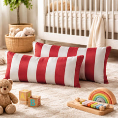 Red Satin Lumbar Cushion Cover Pack of 2 - Red Stripe Delight