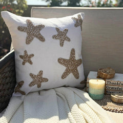 Gold Starfish - Ivory Cotton Linen Throw Cushion Cover