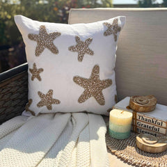 Gold Starfish - Ivory Cotton Linen Throw Cushion Cover