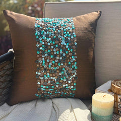 Cocoa Turq - Chocolate Brown Art Silk Throw Pillow Cover