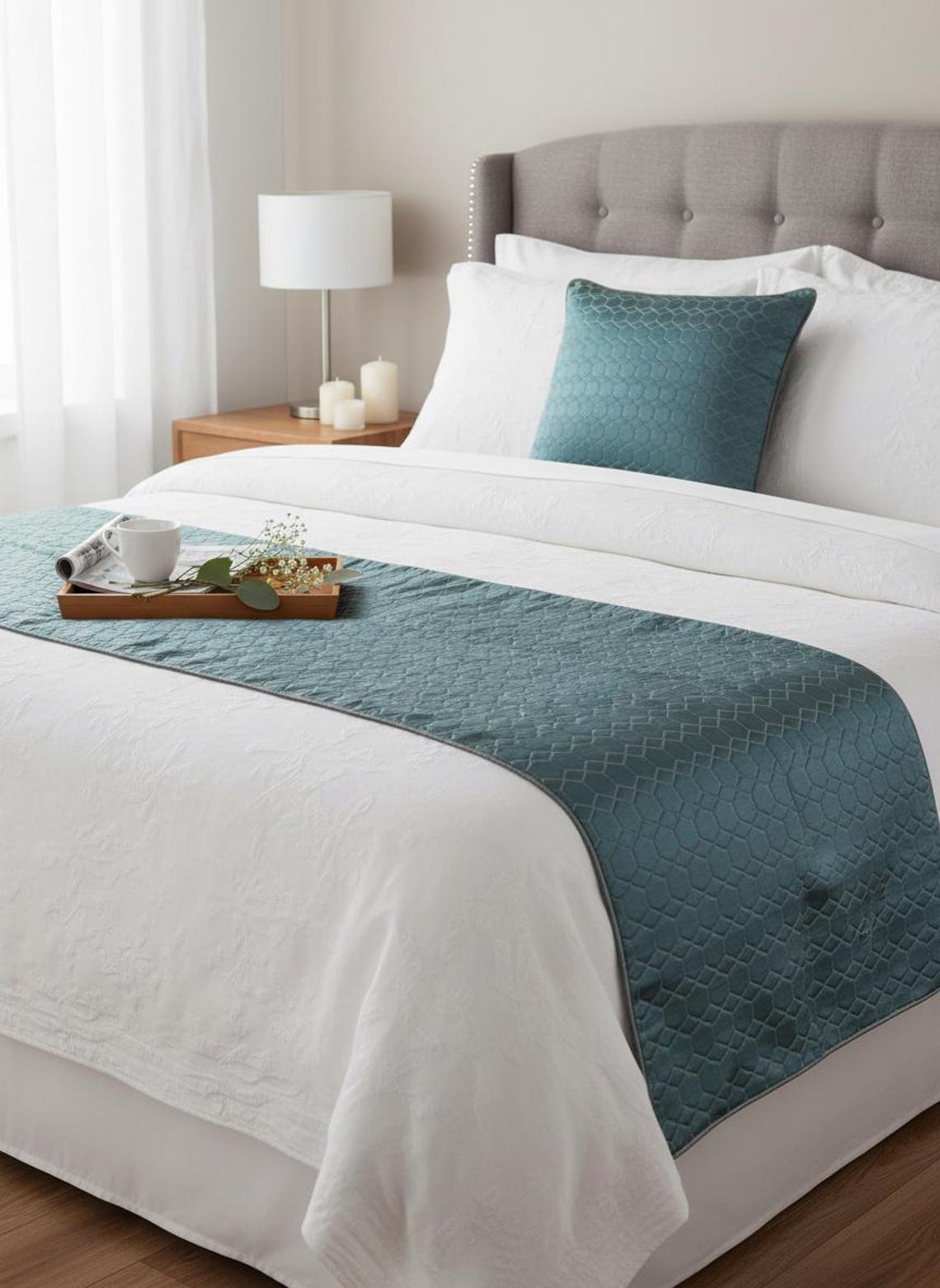 Hexagon Lagoon Decorative Bed Runner with Cushion Cover