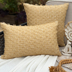 Beige Textured Jacquard Lumbar Cushion Cover - Sunwashed Fringe