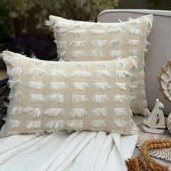 White & Beige Textured Jacquard Lumbar Cushion Cover - Ivory Fringe