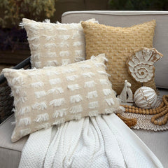 White & Beige Textured Jacquard Lumbar Cushion Cover - Ivory Fringe