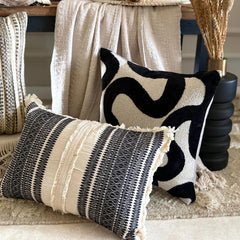Black Cut Velvet Throw Cushion Cover - Mono Scrolls
