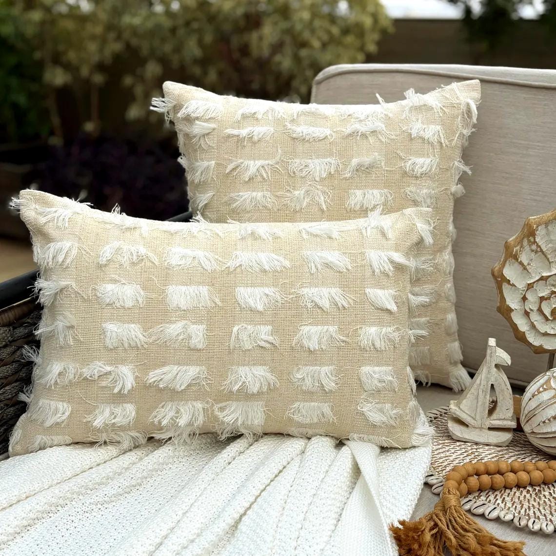 Ivory Fringe Lumbar Cushion Cover