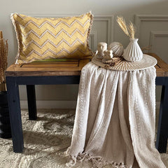 Mustard Yellow & Beige Jacquard Lumbar Cushion Cover - Golden Chevron