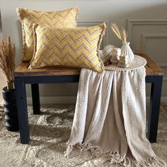 Mustard Yellow & Beige Jacquard Lumbar Cushion Cover - Golden Chevron