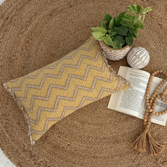 Mustard Yellow & Beige Jacquard Lumbar Cushion Cover - Golden Chevron
