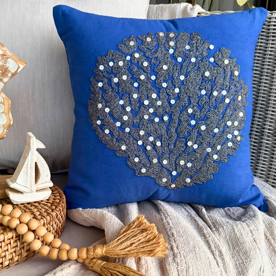 Along The Shore - Royal Blue Cotton Linen Throw Pillow Cover