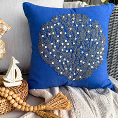 Along The Shore - Royal Blue Cotton Linen Throw Pillow Cover