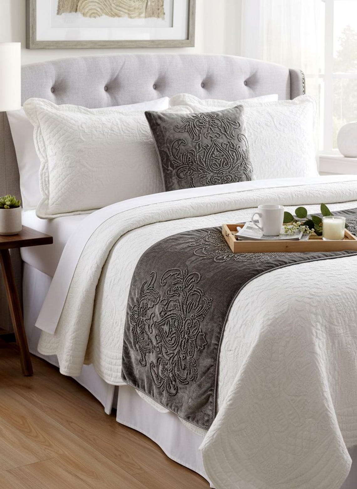 Velvet Grey Damask Modern Bed Runner with Cushion Cover-Foil Damask