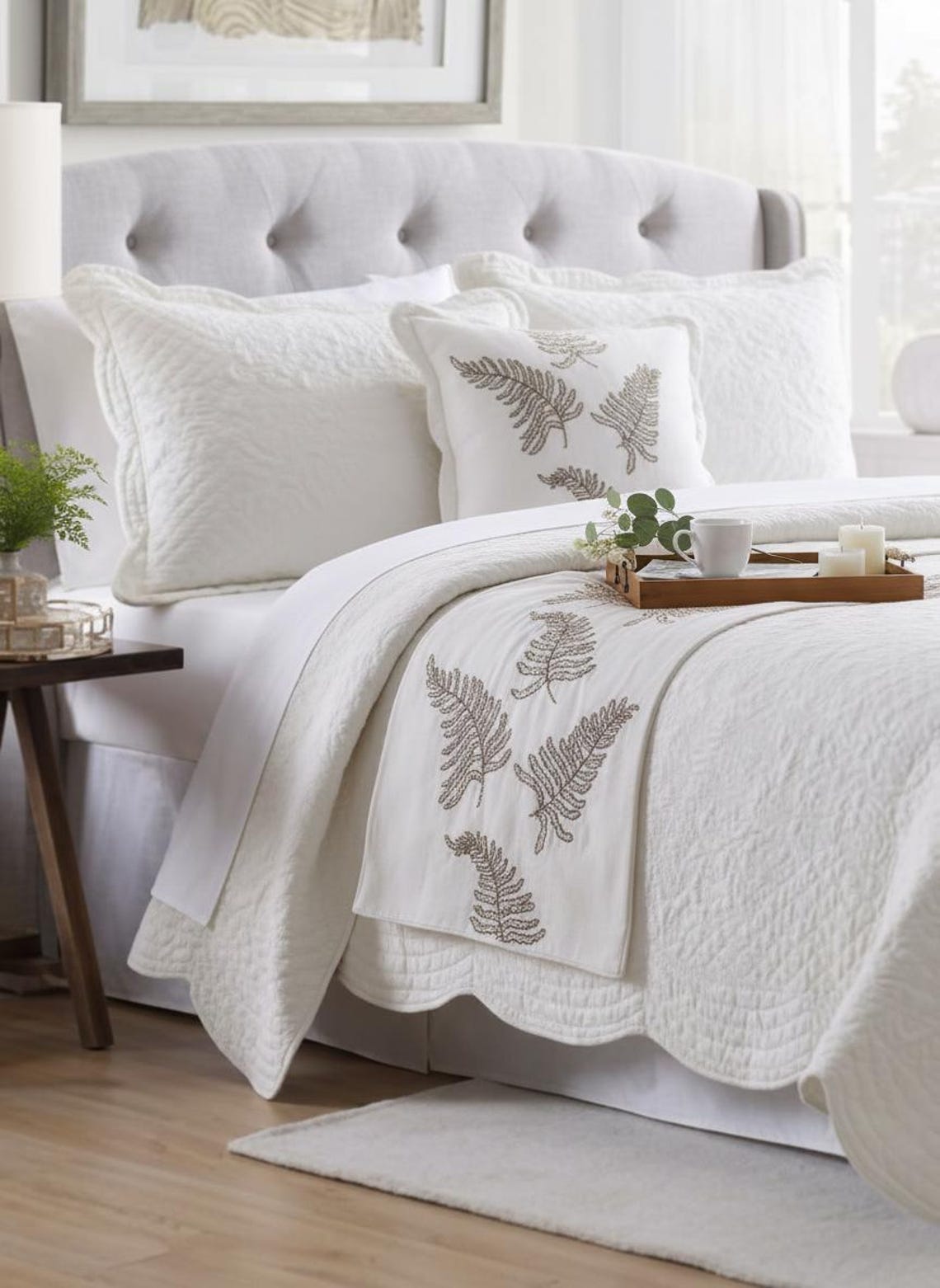 Linen White Decorative Bed Runner and Cushion Cover - Fern Blossom