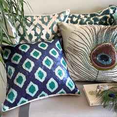 Peacock Insights - Teal Blue Velvet Throw Pillow Cover