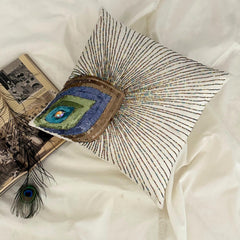 Peacock Beauty - Ivory Art Silk Throw Pillow Cover