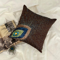 Peacock Sparkle - Brown Art Silk Throw Pillow Cover