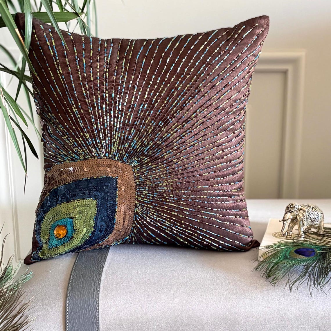 Peacock Sparkle - Brown Art Silk Throw Pillow Cover