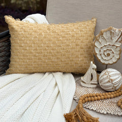 Beige Jacquard Throw Cushion Cover - Sunwashed Fringe
