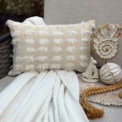 White & Beige Textured Jacquard Lumbar Cushion Cover - Ivory Fringe