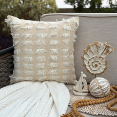 Beige & White Jacquard Throw Cushion Cover - Ivory Fringe