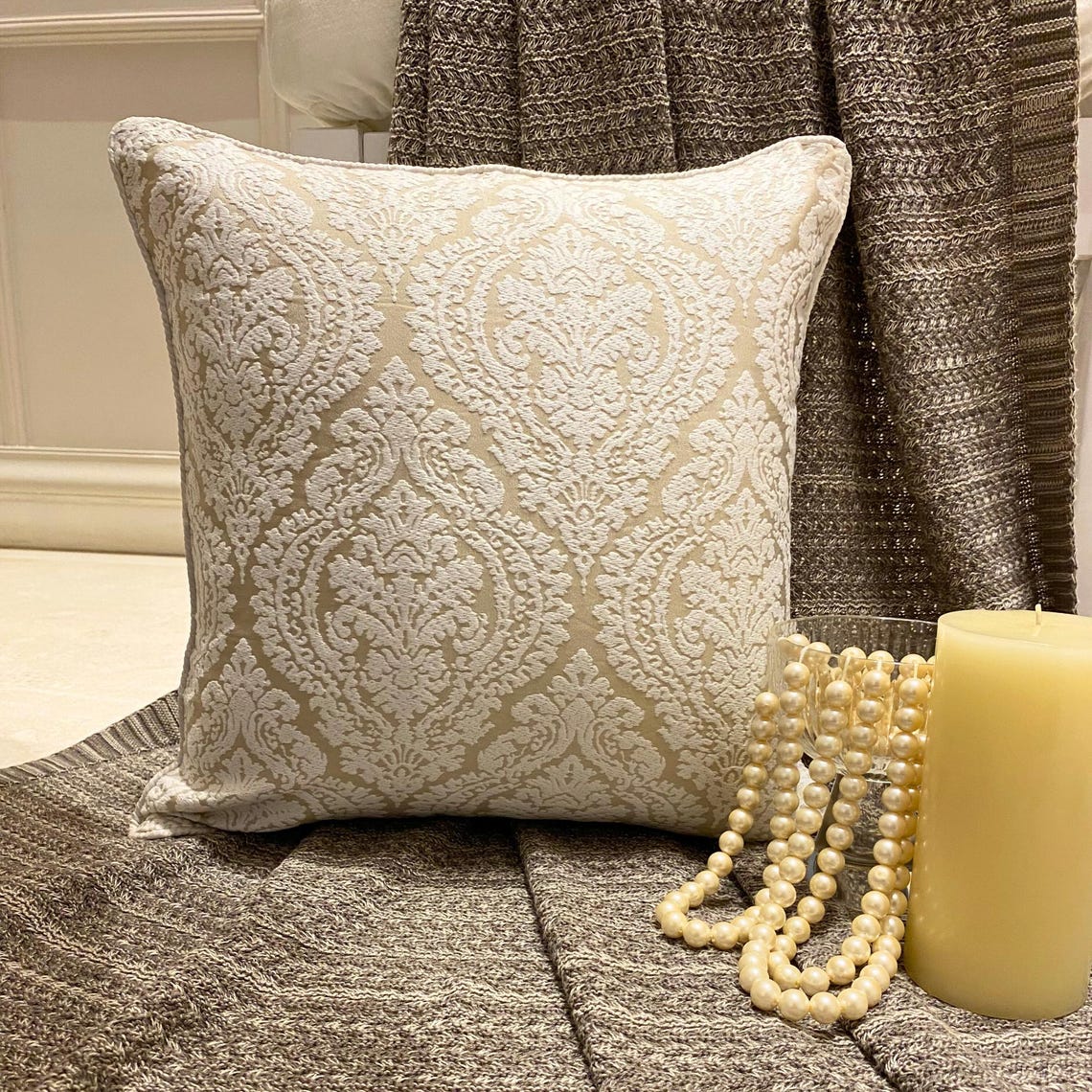 Glow Ivory Damask - Ivory Jacquard Silk Decorative Euro Sham