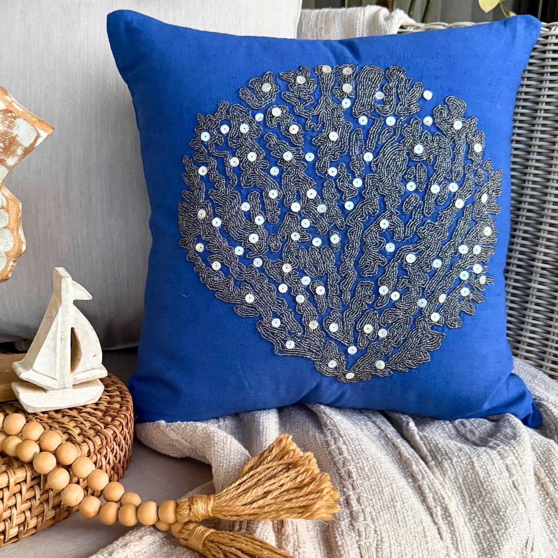 Along The Shore - Royal Blue Cotton Linen Decorative Euro Sham