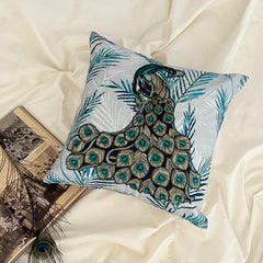 Art Nouveau Peacock - Teal Cotton Throw Pillow Cover