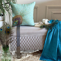 Peacock Grace - Aqua Blue Art Silk Throw Pillow Cover