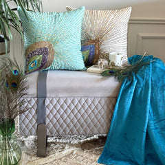 Peacock Grace - Aqua Blue Art Silk Throw Pillow Cover