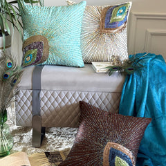 Peacock Sparkle - Brown Art Silk Throw Pillow Cover