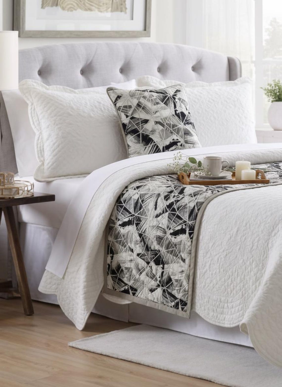 Grey Angular Decorative Bed Runner and Cushion Cover