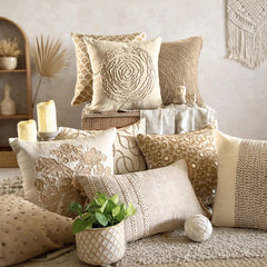 Jutty Damask - Beige Linen Throw Pillow Cover