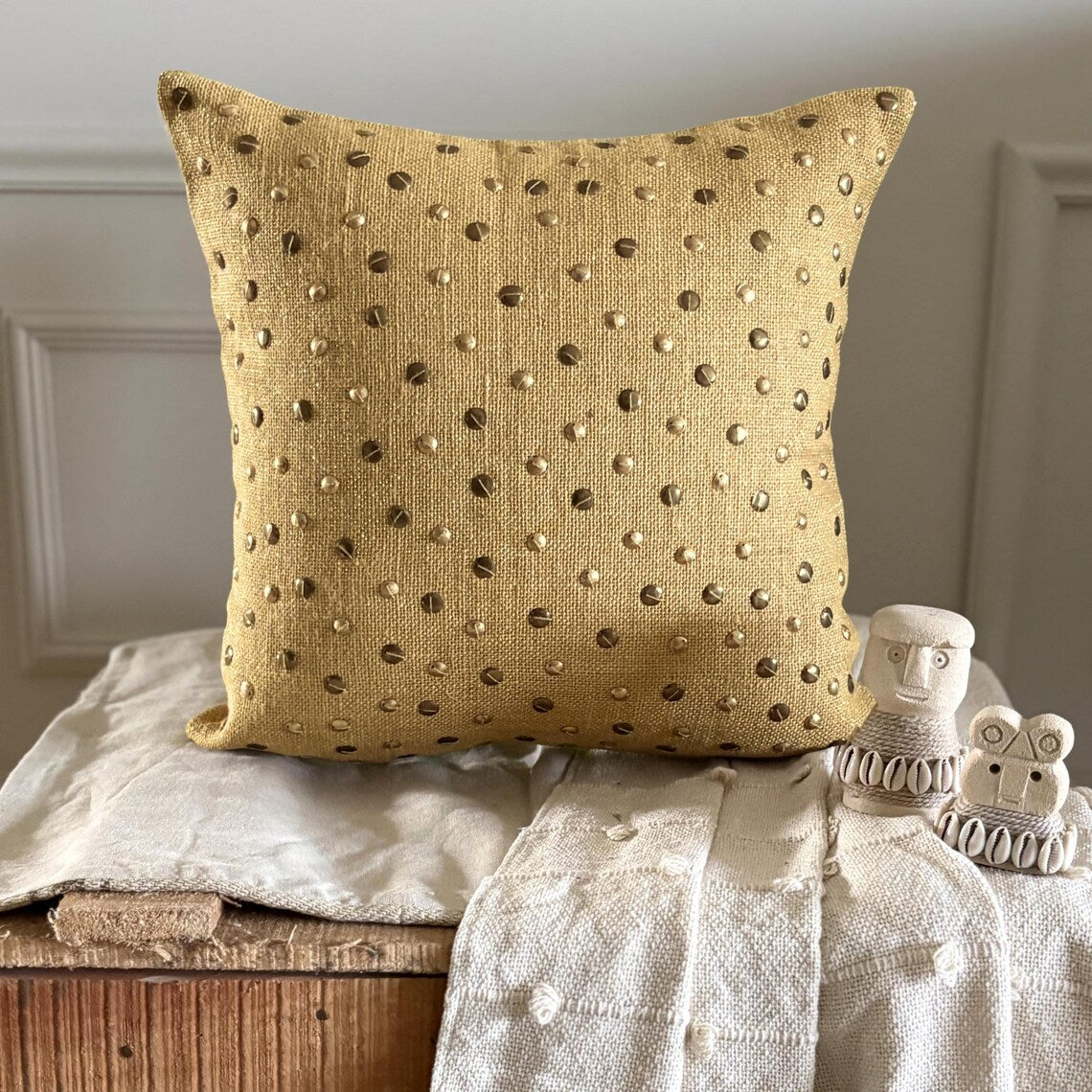Jute Wheels - Beige Burlap Lurex Throw Pillow Cover