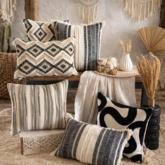 Moroccan Lounge - Black & Ivory Cotton Throw Pillow Cover