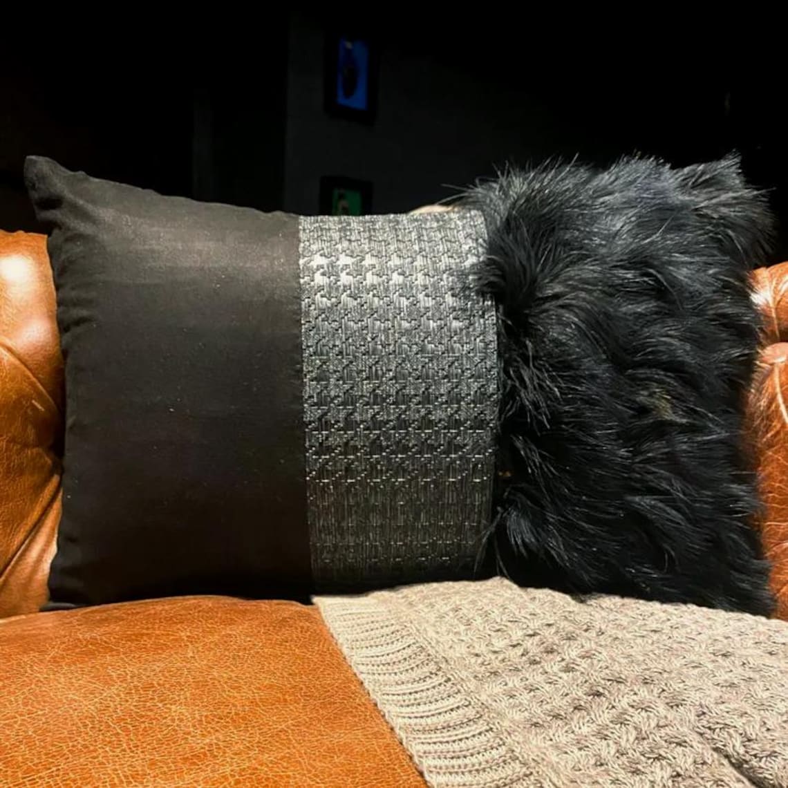 Wicked Black - Black Faux Leather & Suede Lumbar Cushion Cover