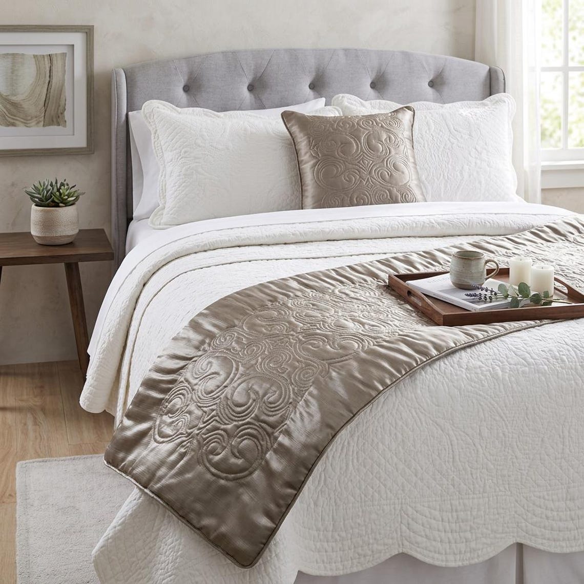 Silver Satin Decorative Bed Runner and Cushion Cover, Silver Soft