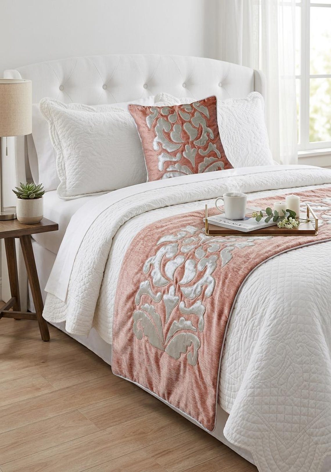 Peach & Ivory Velvet Decorative Bed Runner and Cushion Cover, Peach Elegance