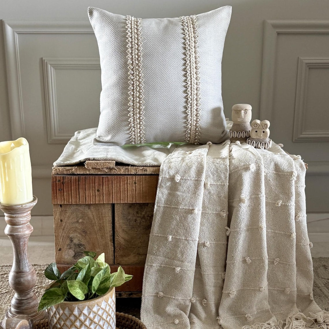 Ivory Jacquard Throw Cushion Cover - Pearl Strand