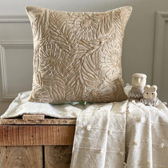 Beige Linen Blend Throw Cushion Cover - Peacock Plume