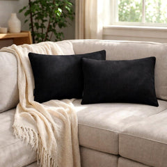 Set of 2 Black Linen Throw / Lumbar Cushion Cover - Black Linen