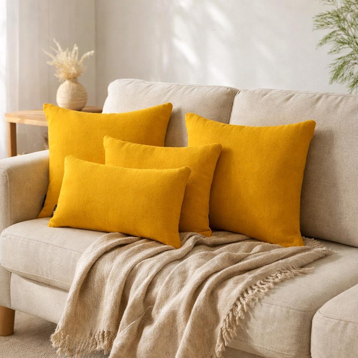 Saffron Yellow Linen Throw Cushion Cover
