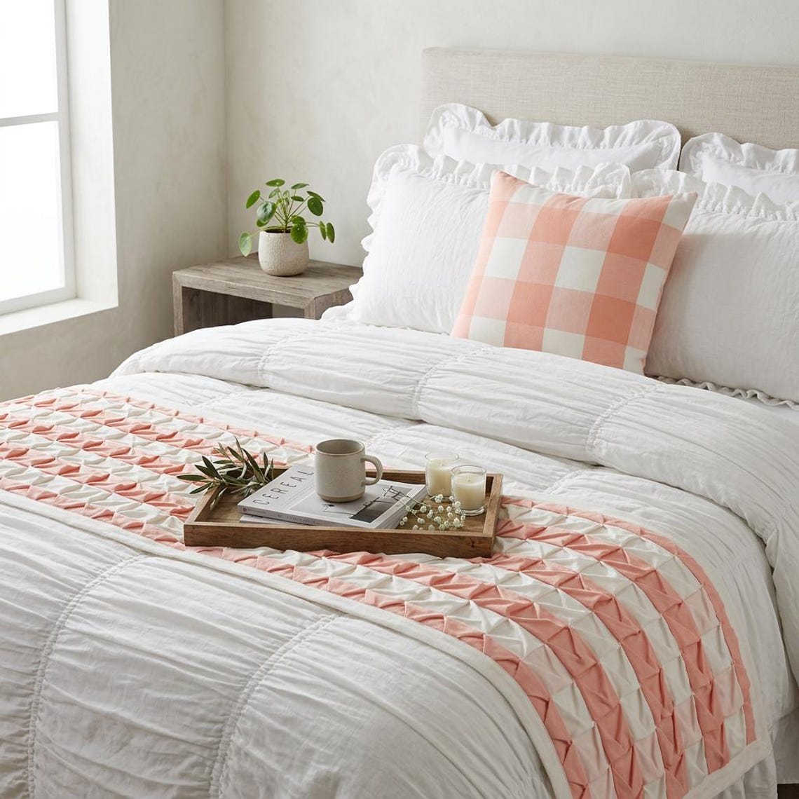 Buffalo Plaid Peach Decorative Bed Runner and Cushion Cover