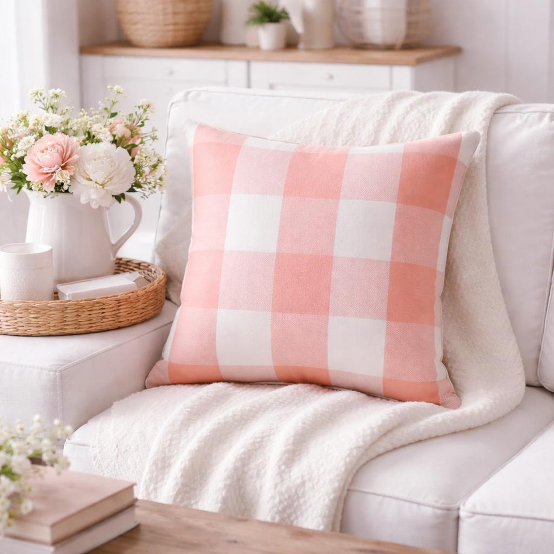 Peach Pink Plaid - Peach Buffalo Checks Throw Pillow Cover